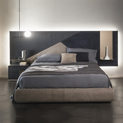 Light Luxury Modern King Leather Bed with Big Headboard and nightstand